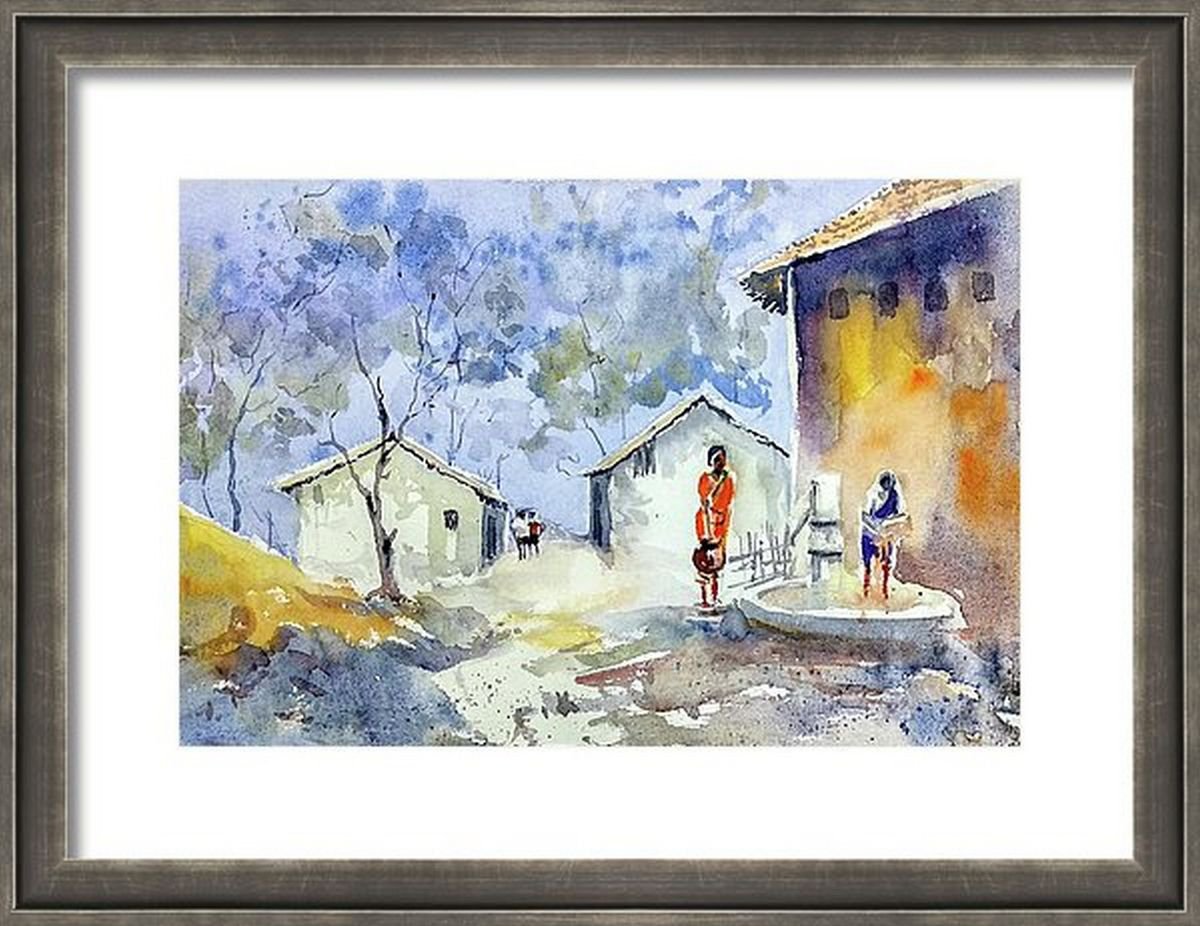 Indian Village in the Morning 14x 9.75 by Asha Shenoy