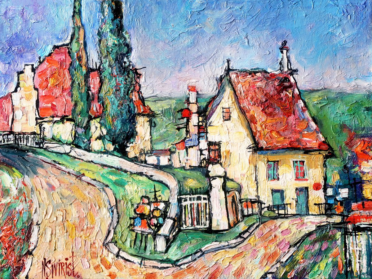 Impressionistic Cityscapes Oil Painting By Nikifor Swiristuhin, 16 X 12", Turn In Provence., Original Artwork