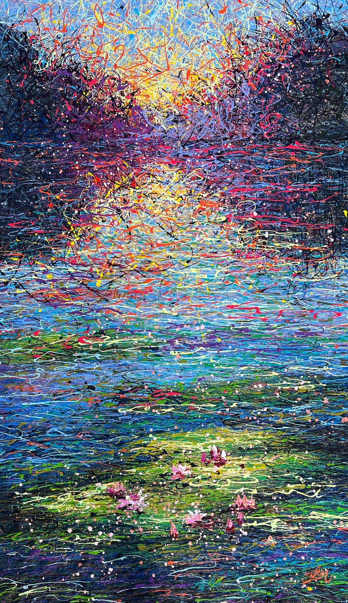 Impressionistic Landscape Acrylic Painting By Nadiia Antoniuk, 37 X 67", The Serenity Of A Sunrise, Original Artwork