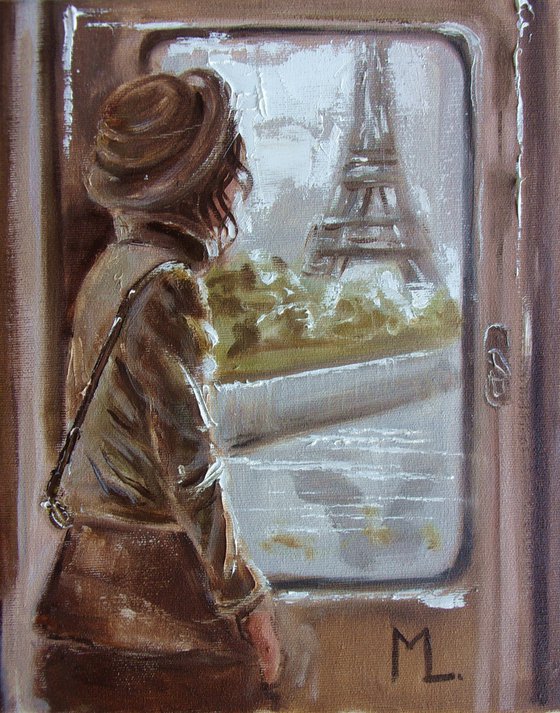 " TRAVEL TO PARIS ... " for O. original painting TRIP SPRING palette knife GIFT GREEN