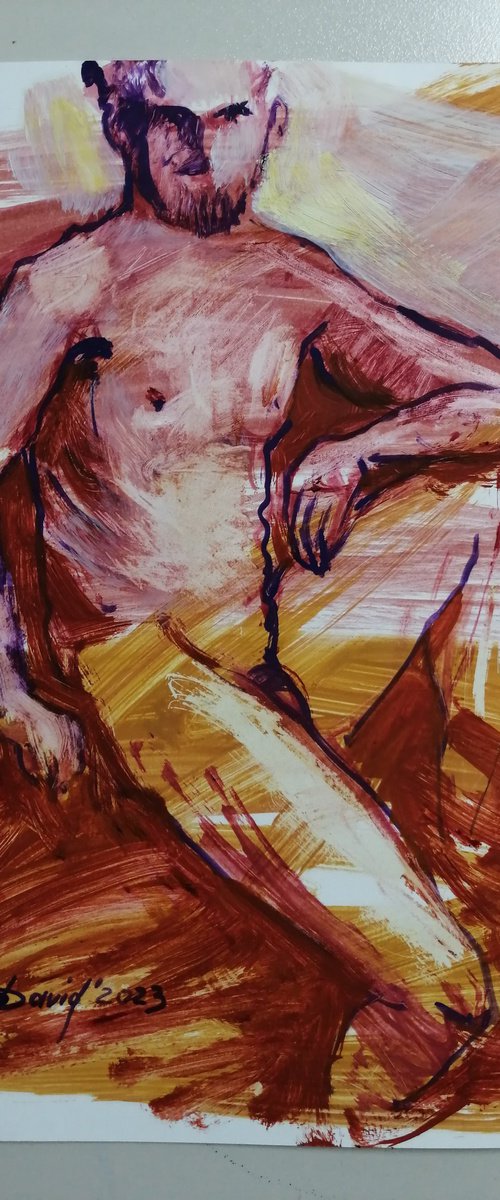 Male nude study oil on paper by Olga David