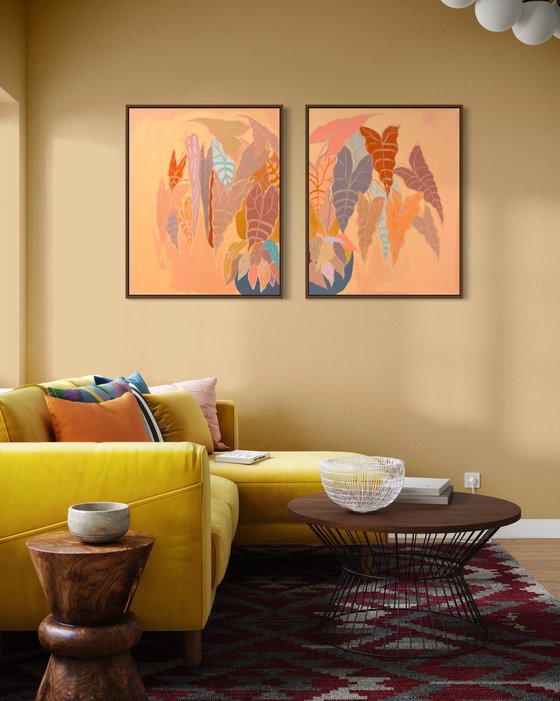 ‘Burnt Coral Alocasia and Begonia’ diptych