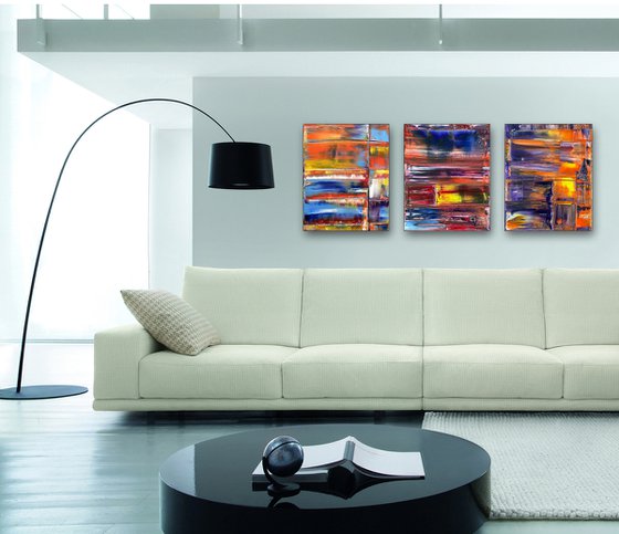 "Intermediary" - FREE USA SHIPPING - Original PMS Abstract Triptych Oil Paintings On Canvas - 48" x 20"