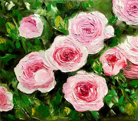 Roses in bloom, garden, oil painting on canvas.