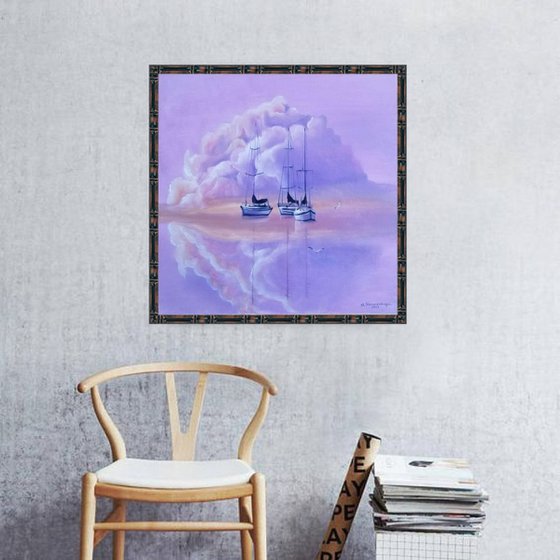 Marshmallow Clouds. Mother's Day Gift. Spectacular Oil Painting on Canvas. Gorgeous Sea Landscape. Home Decor. Square Wall Art.