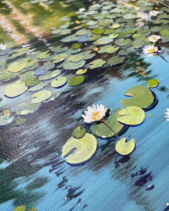 Water lilies. In the light of summer gold.