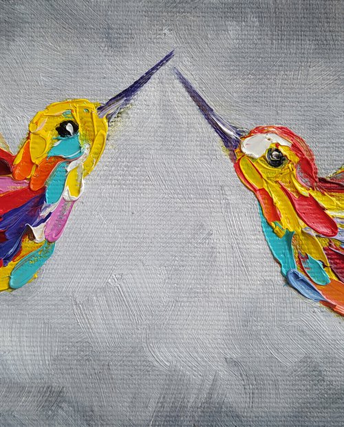 Love - birds, hummingbirds, love, animals oil painting, art bird, impressionism, palette knife, gift. by Anastasia Kozorez