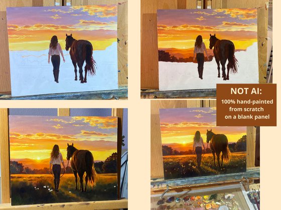 Woman walking with a horse in a sunset field