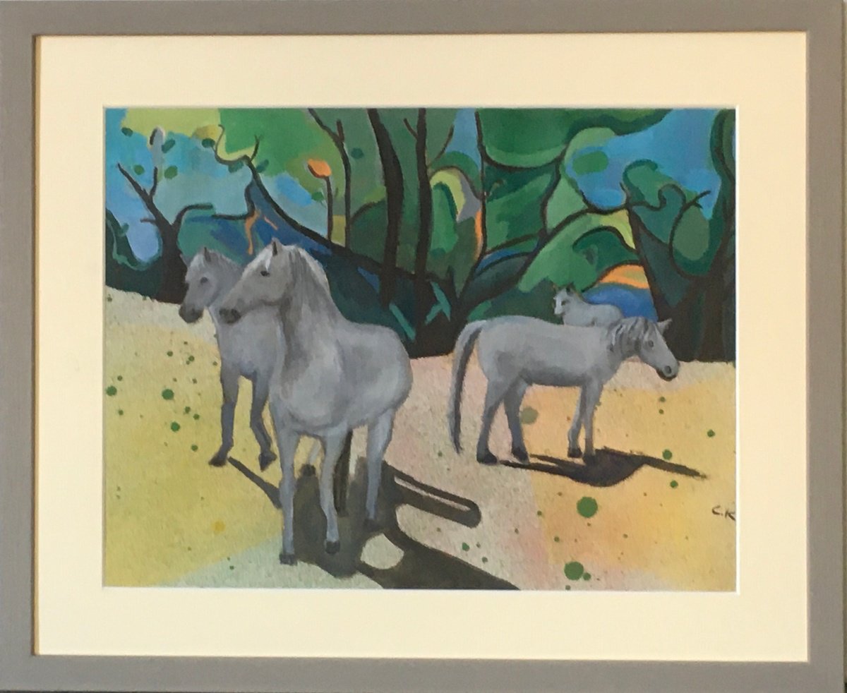 Illustrative Animal Painting By Chihiro Kinjo, 17 X 14, 3Wild Horses At Somme, Original Artwork