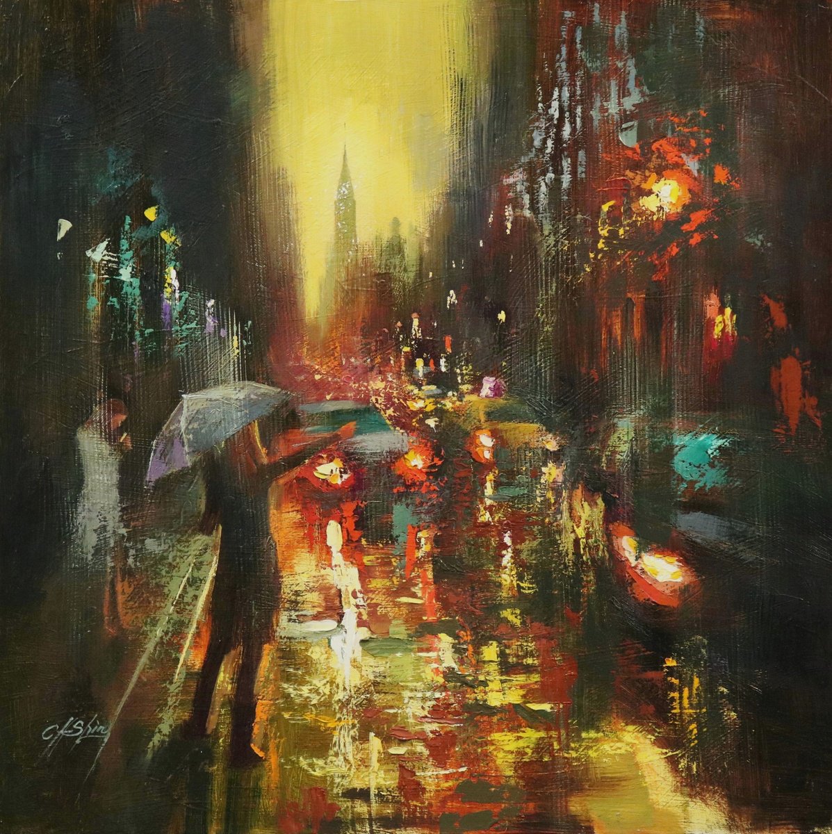 Expressive Cityscapes Oil Painting By Chin H Shin, 30 X 30, Stormy Day In Lexington, Original Artwork