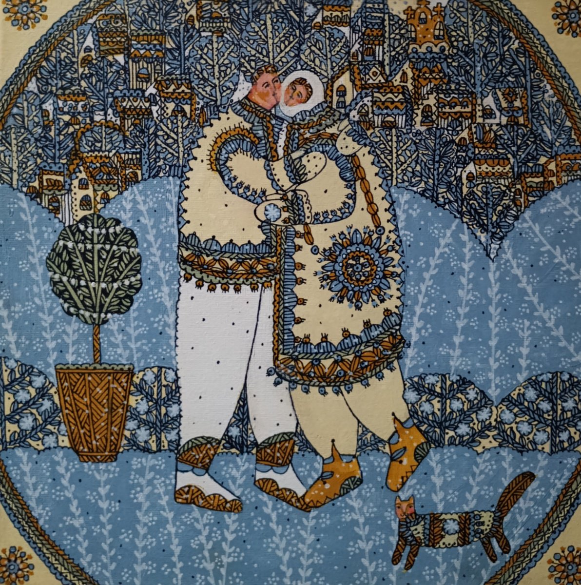 Naive Portrait Acrylic Painting By Tetiana Osadchuk, 12 X 12", Our Time For Dreaming, Original Artwork