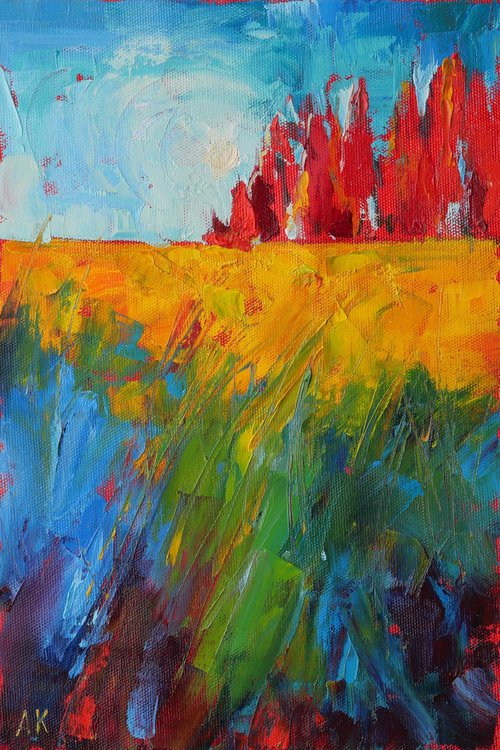 Sun-Drenched Meadow - textured semi abstract colourfull landscape oil painting by Alfia Koral
