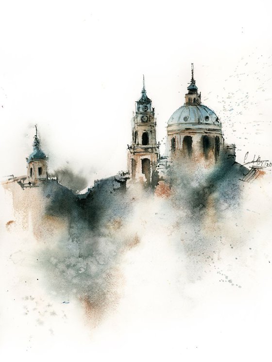 Prague Skyline, Roofs of Prague Cityscape Loose Watercolor