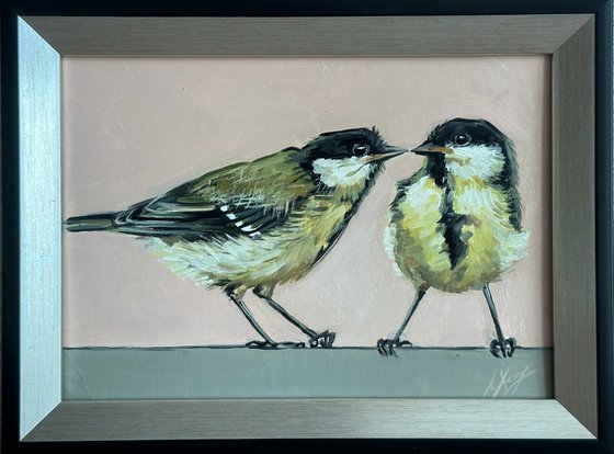 Bird oil painting mini art framed 5x7inch cute animalistic art