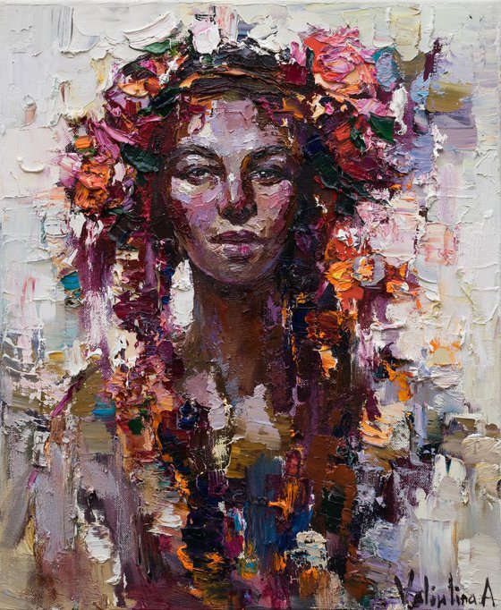 Woman portrait Flowers in her hair - Original oil girl portrait painting