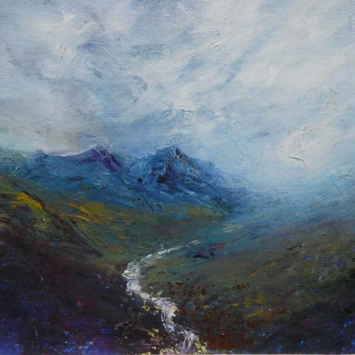 Impressionistic Landscape Acrylic Painting By Oconnart, 10 X 10", Mountain Waterfall Scotland, Original Artwork