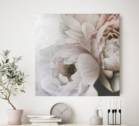 "Silk peonies" White silver oil flower art