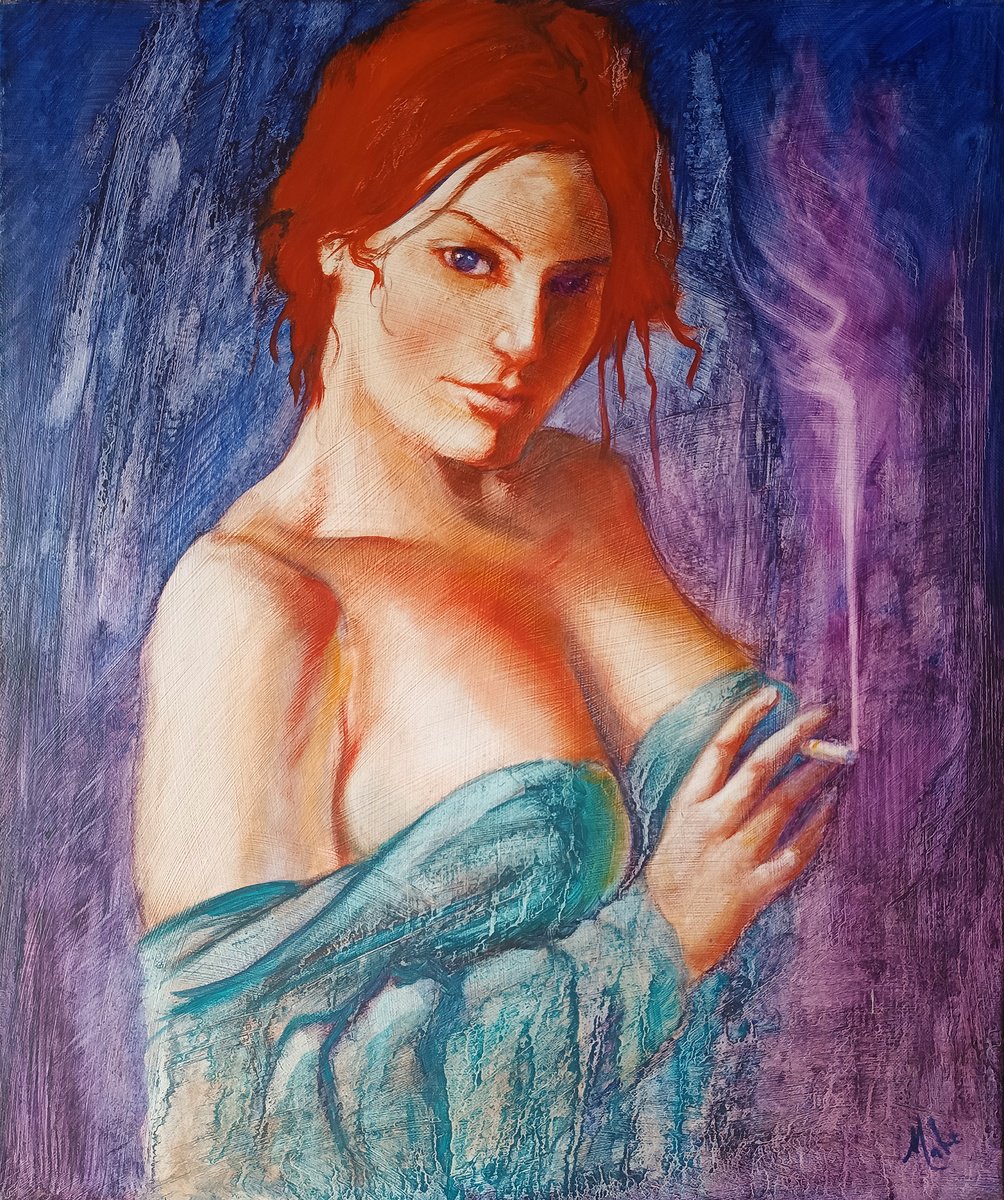 Expressive Portrait Oil Painting By Isabel Mahe, 18 X 22, Blue Eyed Smoker, Original Artwork