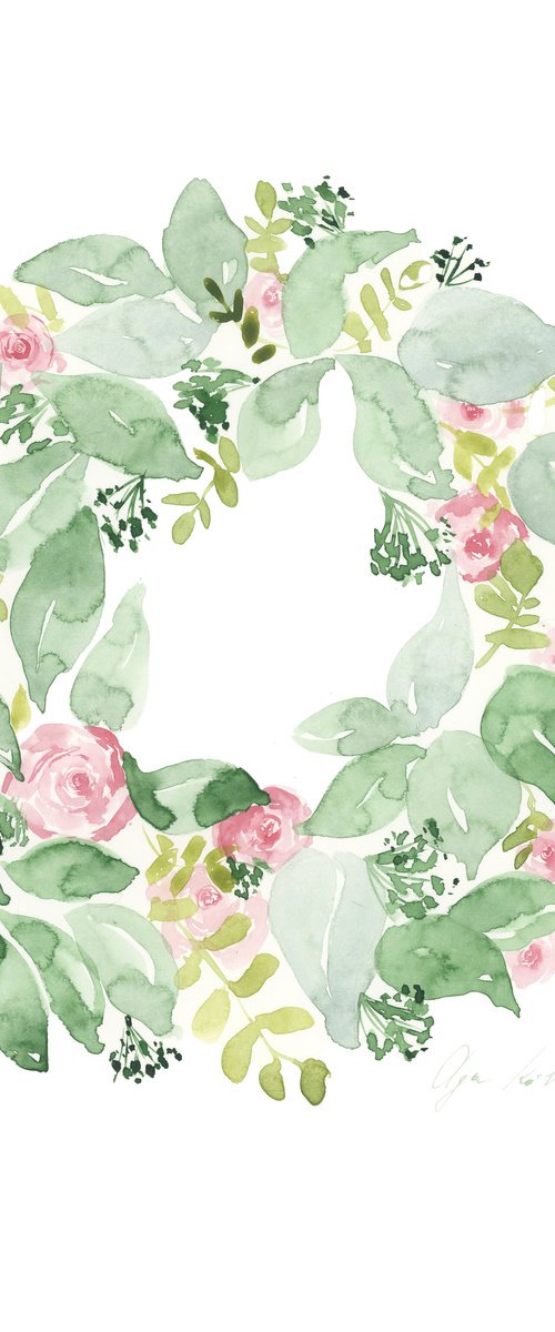 Eucalyptus and roses wreath by Olga Koelsch