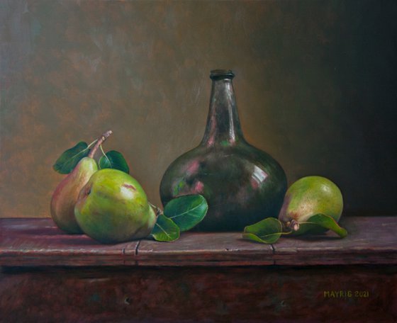 Pears & Old 17th century wine bottle