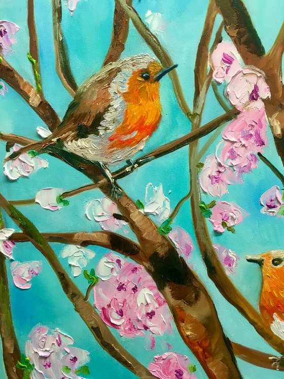 Spring songs, singing red breasted robins, spring in London, white, pink, bloom, oil painting