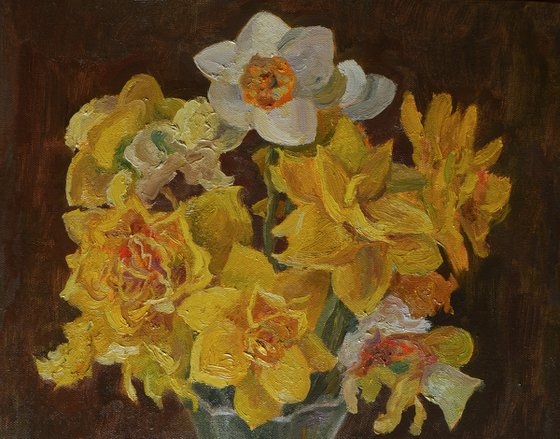 The Bouquet Of Daffodil Flowers. Floral Still Life. Original oil painting on canvas, gift, wall art, pop, interior art, interior design, stylish art, present