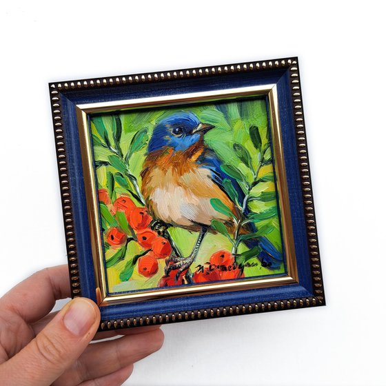 Estern Bluebird painting original oil art framed 4x4, Blue bird small wall art framed