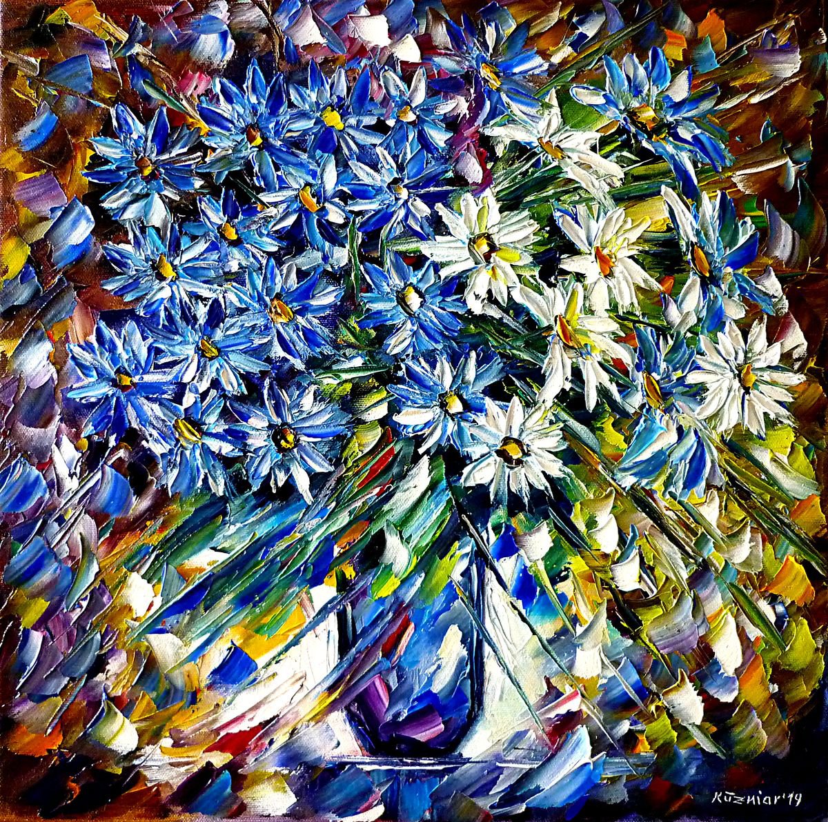 Expressive Botanical Oil Painting By Mirek Kuzniar, 16 X 16", Blue Beauty, Original Artwork