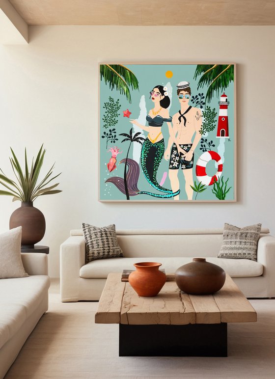 The Sailor and the Mermaid N°2 - Art-Deco - Summer - XLarge painting