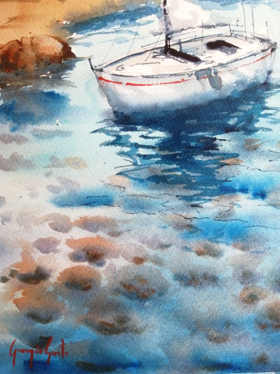 Expressive Landscape Watercolour By Giorgio Gosti, 14 X 21, Boats 81, Original Artwork