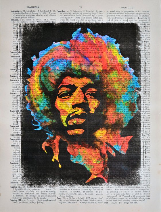 Jimi Hendrix - Collage Art on Large Real English Dictionary Vintage Book Page