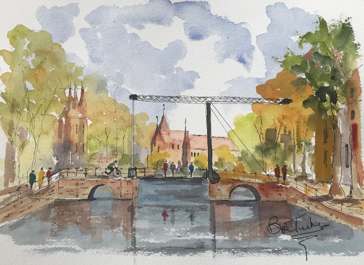 Impressionistic Landscape Watercolour By Brian Tucker, 12 X 9, Amsterdam 6. Waag Bridge, Original Artwork