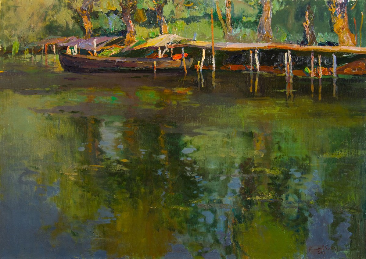 Impressionistic Landscape Oil Painting By Sergey Kostov, 26 X 20", Dance Of Reflections, Original Artwork