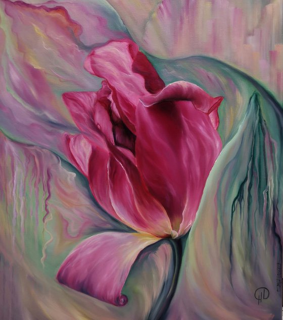 Rainbow Tulip, oil painting, original gift, home decor, Flowering, Spring, Leaves, Living Room, leaves, many flowers, flower picture,  delicate flowers, tulip painting, white tulip flowers, blooming tulip,