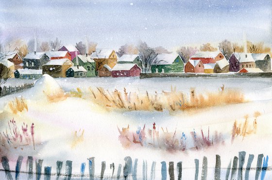Winter village landscape with houses.
