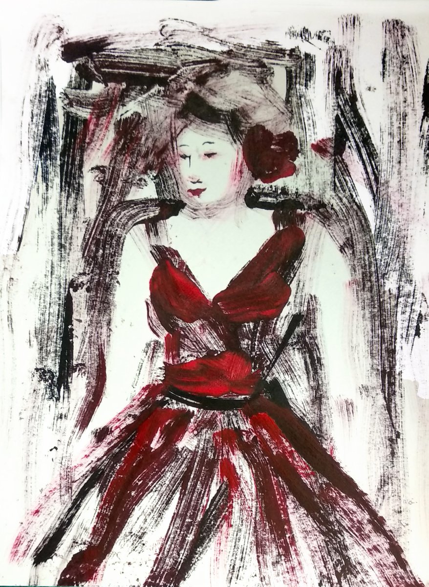 Woman in Red 5 Woman waiting - Monotype by Asha Shenoy