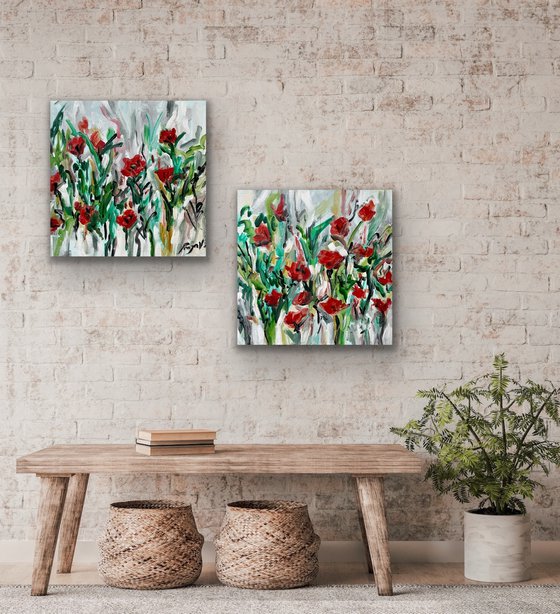 Crimson Red Spring Blooms - Diptych
