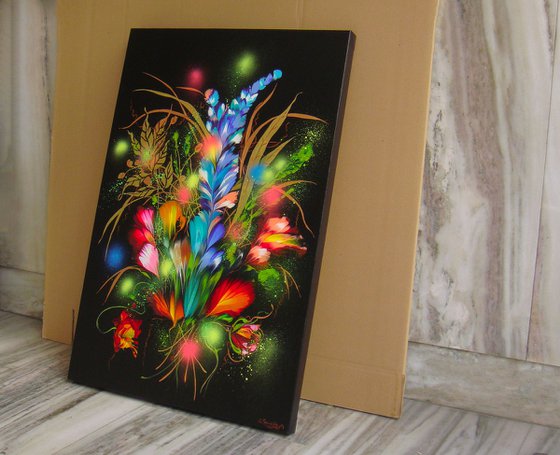 35.4" Night Flowers, Floral Painting