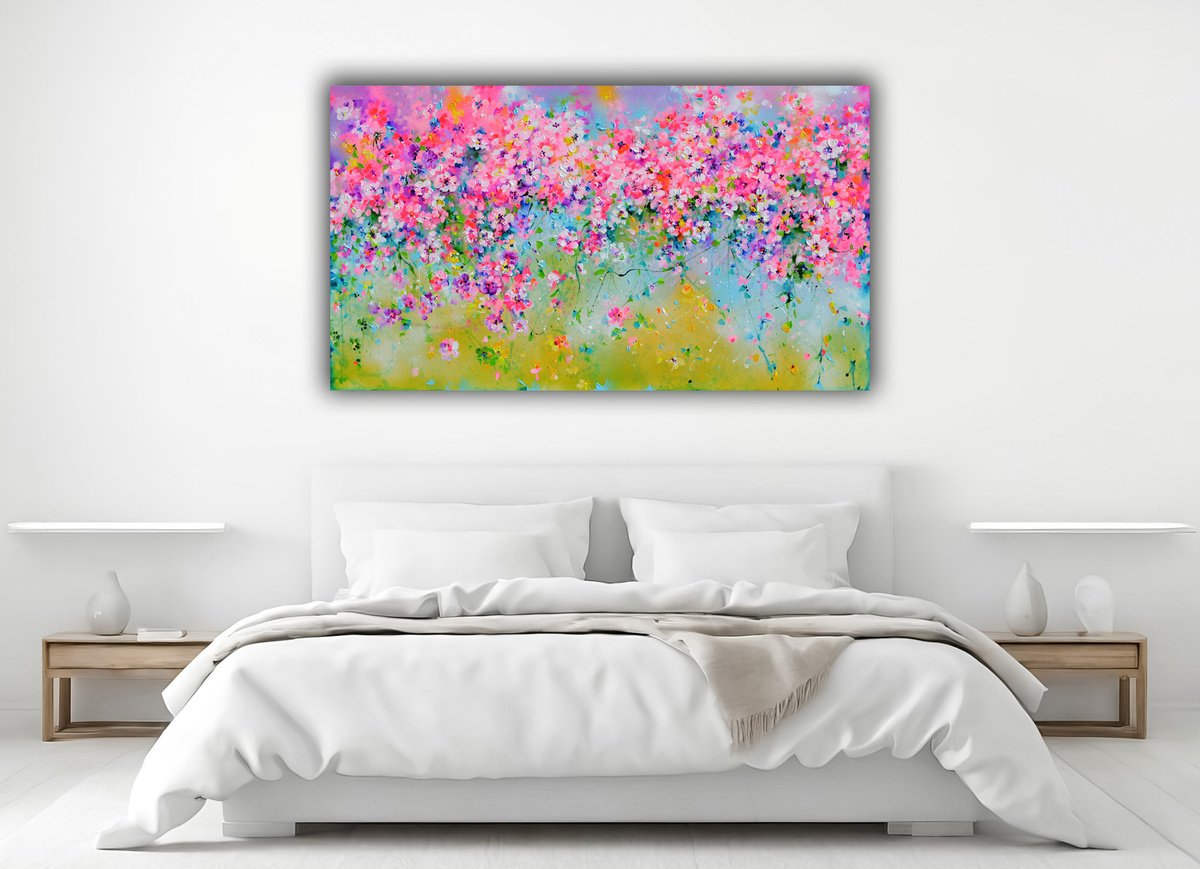 Impressionistic Botanical Acrylic Painting By Soos Roxana Gabriela, 55 X 31", Sakura Pink Cherry Tree, Original Artwork