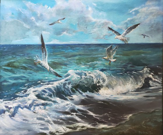 "Seagulls over the waves"