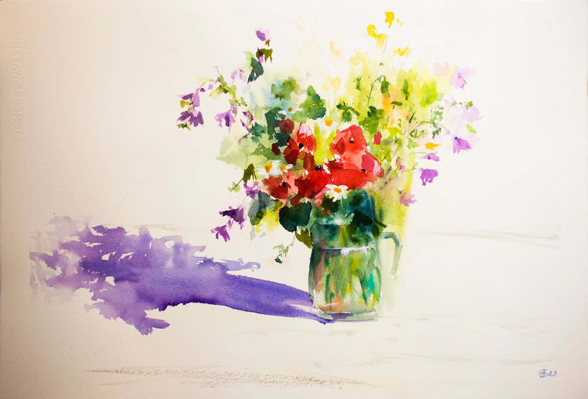 Wild flowers bouquet with poppies and malva. Sunny bright medium size summer painting by Sasha Romm