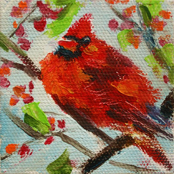 Cardinal / FROM MY A SERIES BIRDS OF MINI WORKS  / ORIGINAL OIL PAINTING