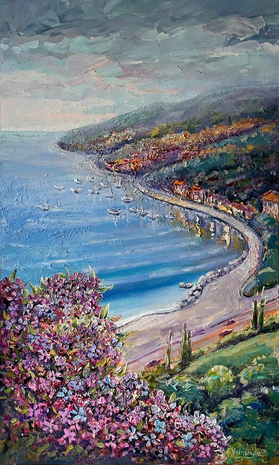 Lagoon sea view. Original oil painting. Flowers