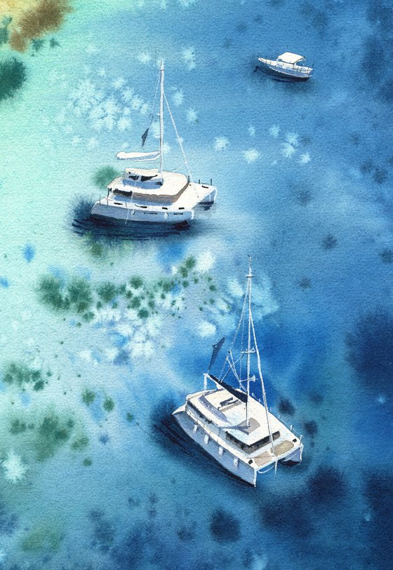 Beach wall art boats in the ocean original watercolor painting , coastal artwork, blue ocean wall art