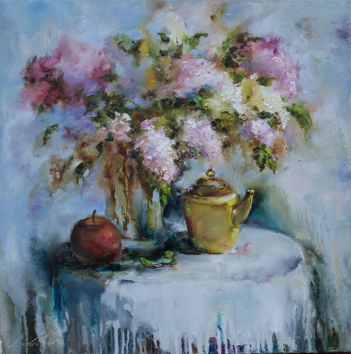 Botanical Oil Painting By Olha Laptieva, 20 X 20", Lilacs On A Round Table, Original Artwork
