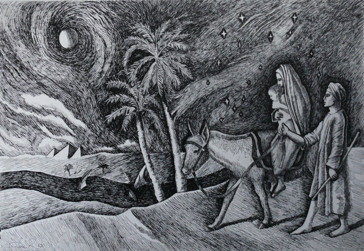 Graphic Ink Drawing , Flight Into Egypt By Paul Rossi, 20 X 14, Artwork For Sale On Artfinder