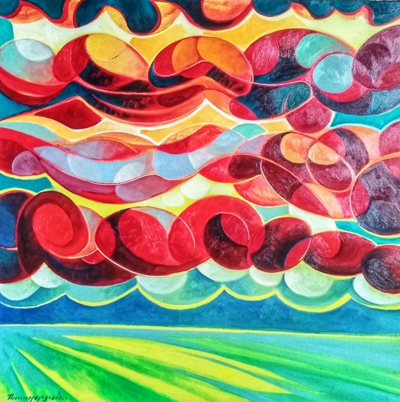 Sunset (60x60cm, cubism, oil painting, ready to hang)