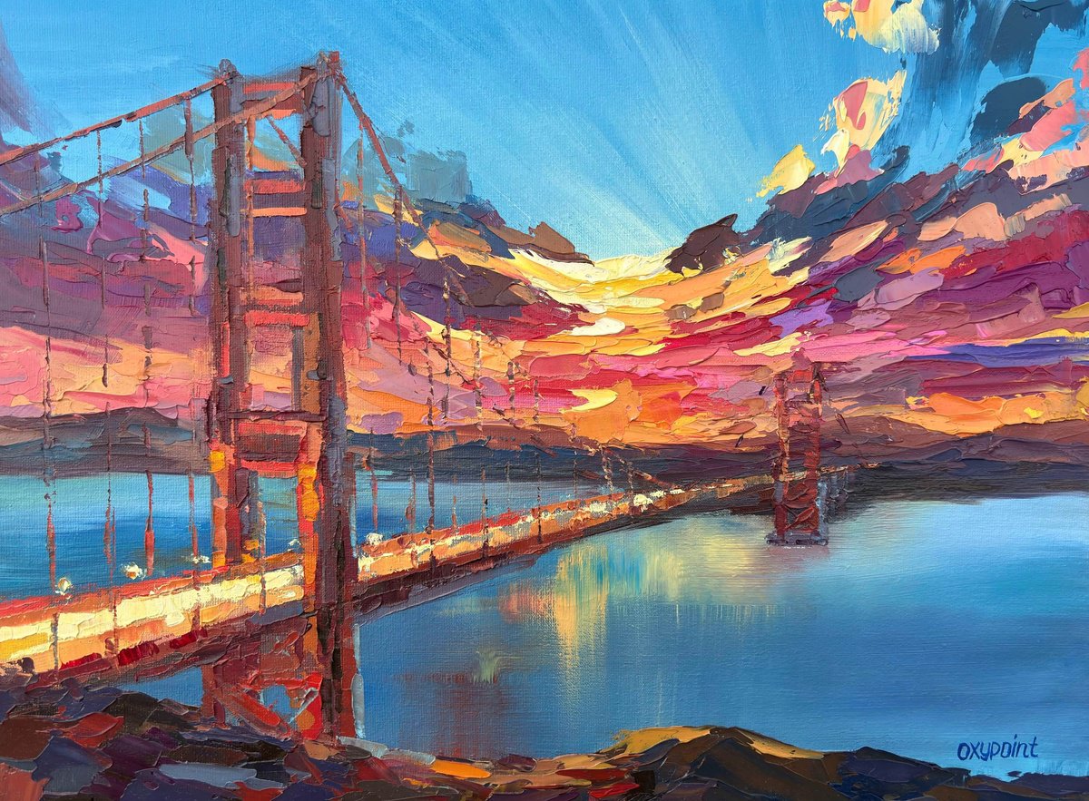 Impressionistic Cityscapes Oil Painting By Oxypoint, 16 X 12", "Golden Gate Bridge", Original Artwork