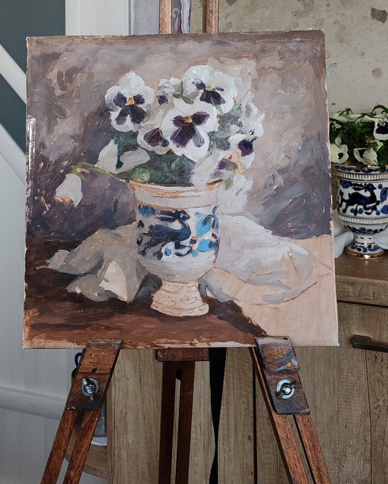 Pansies in a Porcelain Vase