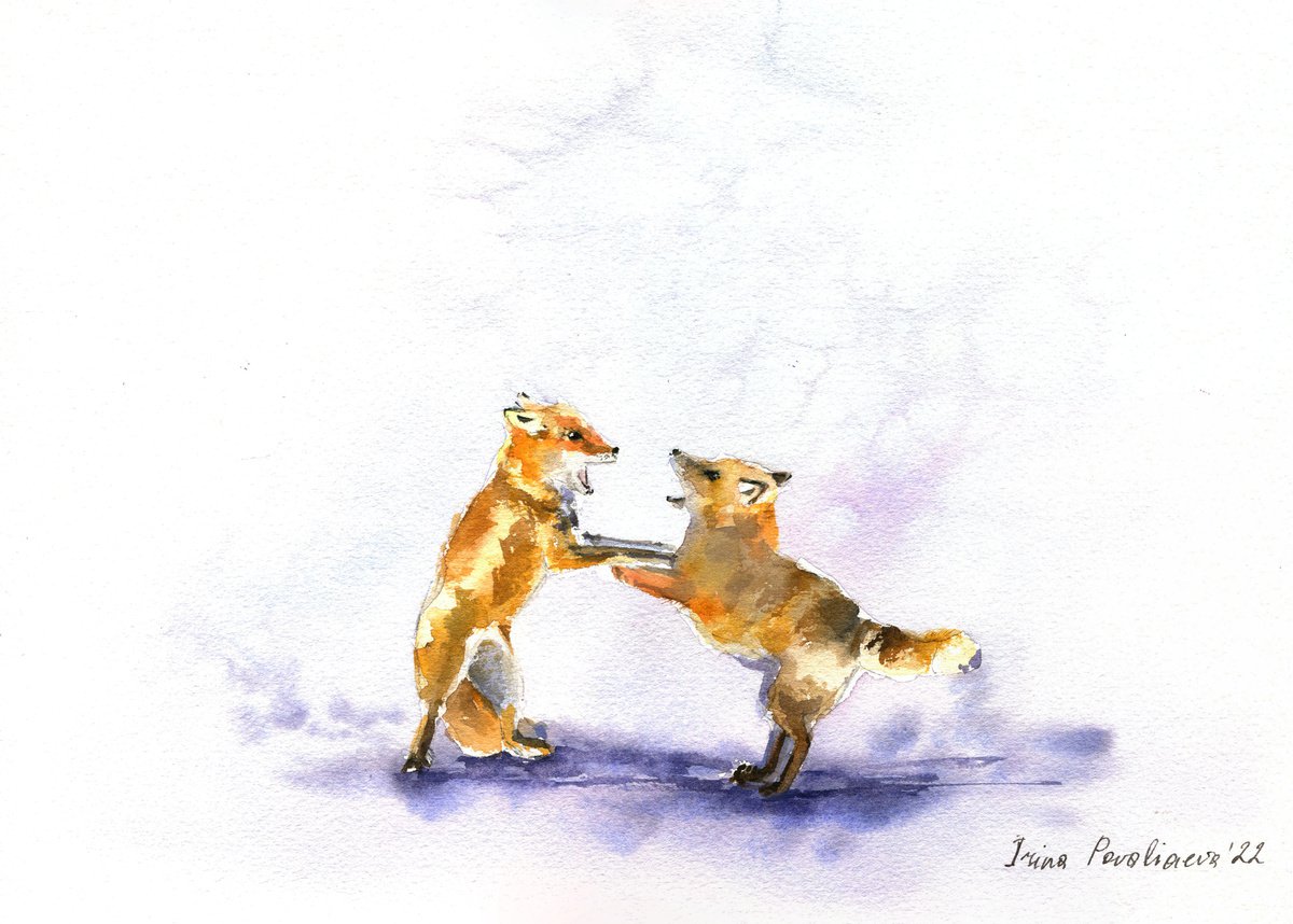 Two playing foxes original watercolour painting, animal painting with foxes in the forest by Irina Povaliaeva